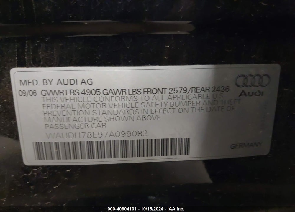 2007 AUDI A4 3.2 VIN: WAUDH78E97A099082