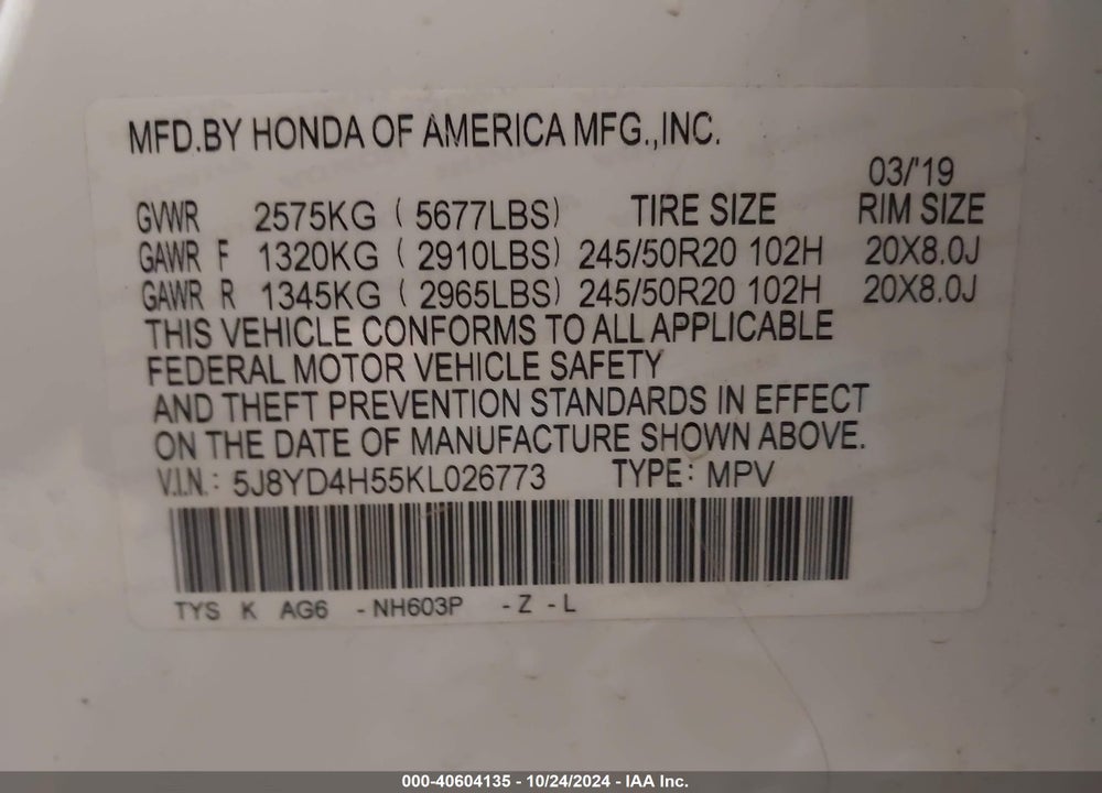 2019 ACURA MDX VIN: 5J8YD4H55KL026773