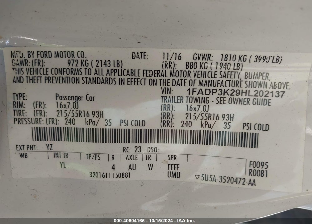 2017 FORD FOCUS SE VIN: 1FADP3K29HL202137