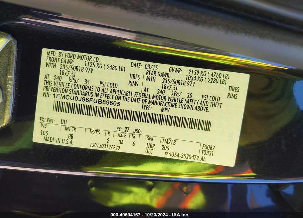 2015 FORD ESCAPE TITANIUM VIN: 1FMCU0J96FUB89605