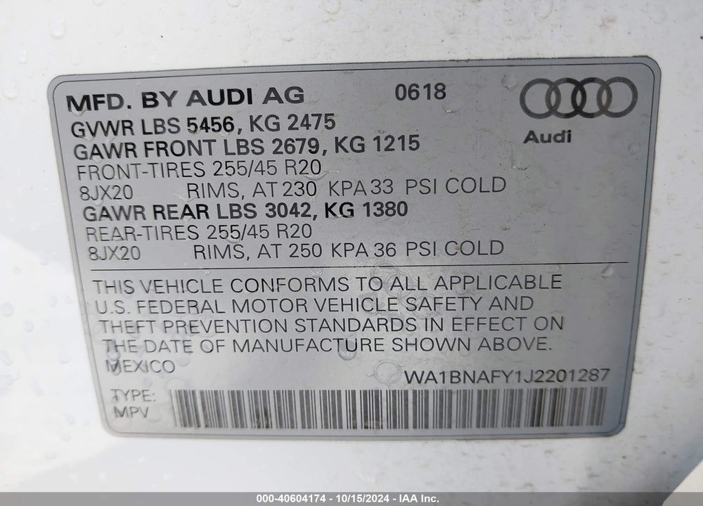 2018 AUDI Q5 2.0T PREMIUM/2.0T TECH PREMIUM VIN: WA1BNAFY1J2201287