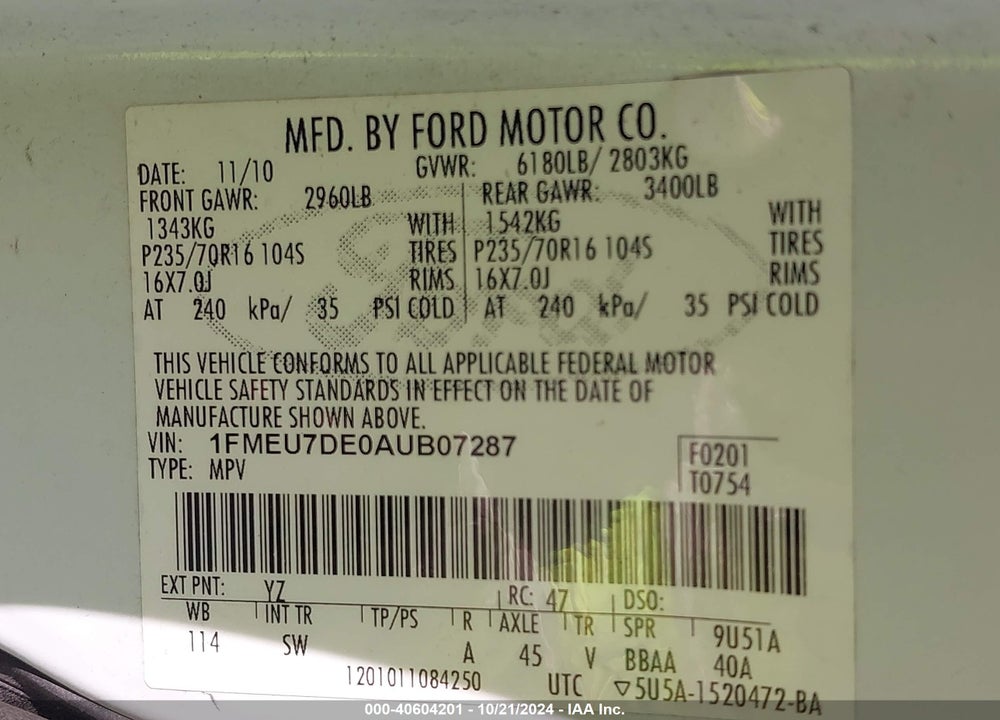 2010 FORD EXPLORER XLT VIN: 1FMEU7DE0AUB07287