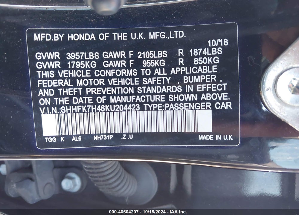 2019 HONDA CIVIC SPORT VIN: SHHFK7H46KU204423