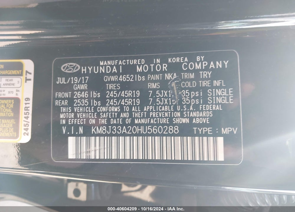 2017 HYUNDAI TUCSON VALUE VIN: KM8J33A20HU560288