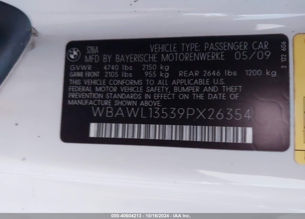2009 BMW 328I VIN: WBAWL13539PX26354