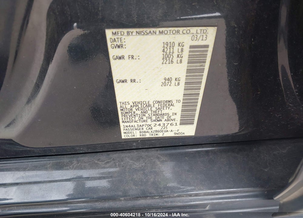 2013 NISSAN ALTIMA 2.5 SL VIN: 1N4AL3AP7DC243761