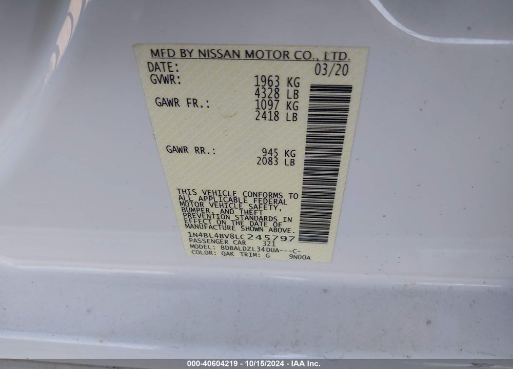 2020 NISSAN ALTIMA S FWD VIN: 1N4BL4BV8LC245797