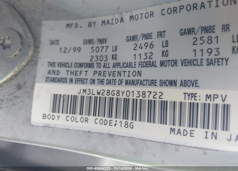 2000 MAZDA MPV DX/ES/LX VIN: JM3LW28G8Y0138722