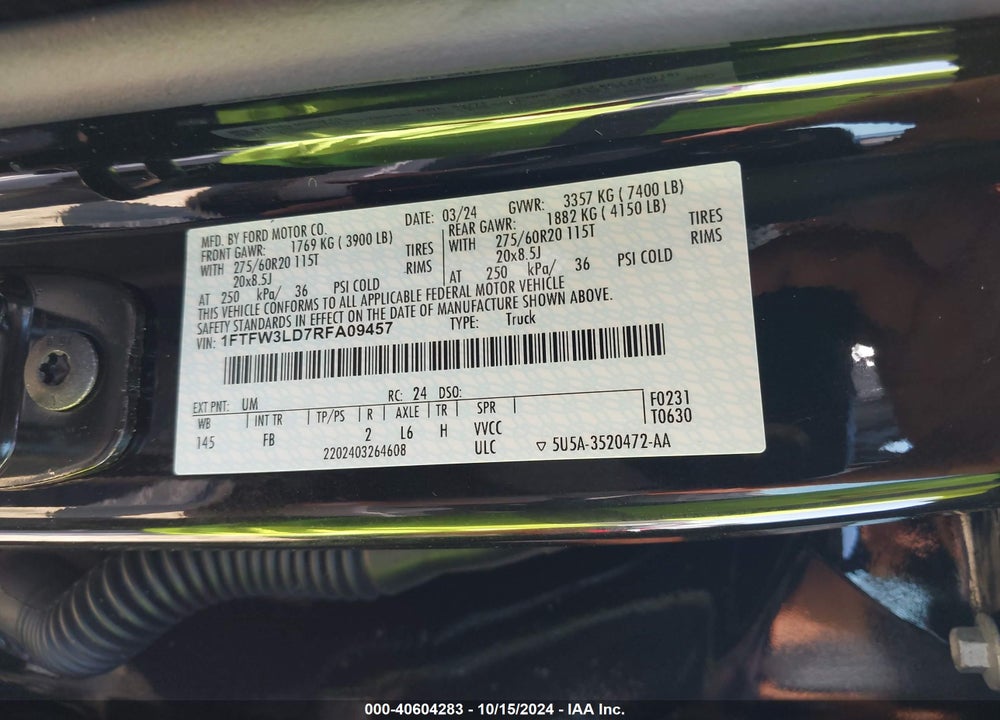2024 FORD F-150 XLT VIN: 1FTFW3LD7RFA09457