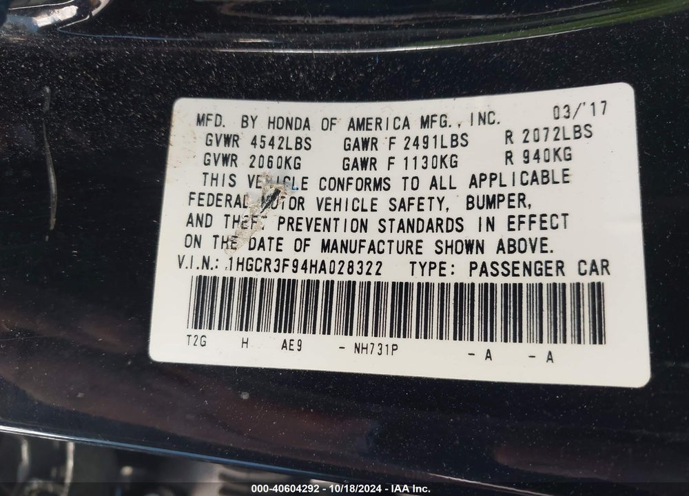 2017 HONDA ACCORD VIN: 1HGCR3F94HA028322