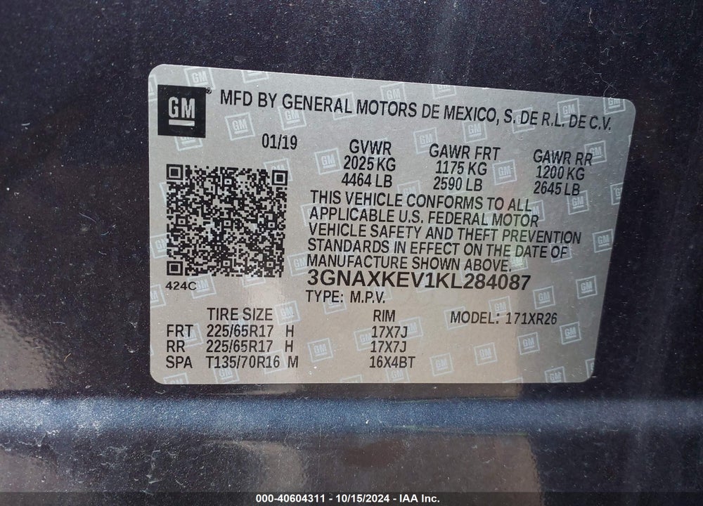 2019 CHEVROLET EQUINOX LT VIN: 3GNAXKEV1KL284087