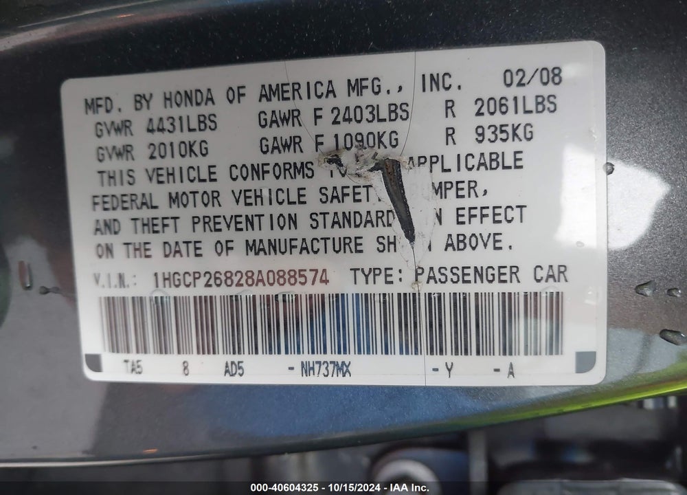 2008 HONDA ACCORD 2.4 EX-L VIN: 1HGCP26828A088574