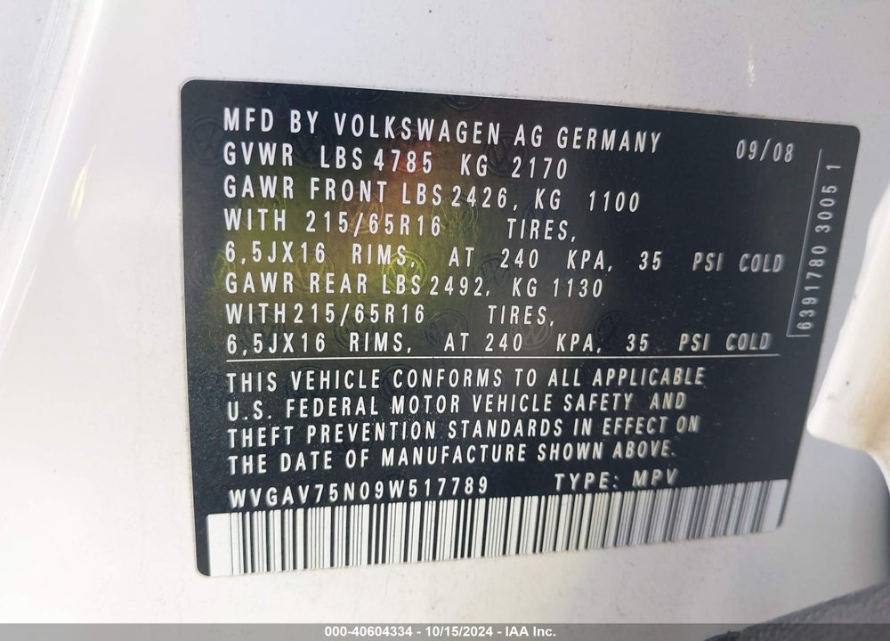 2009 VOLKSWAGEN TIGUAN S/SE/SEL VIN: WVGAV75N09W517789