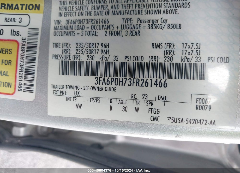 2015 FORD FUSION SE VIN: 3FA6P0H73FR261466