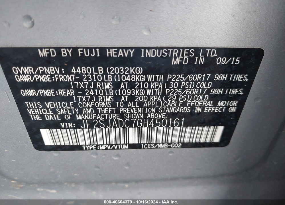 2016 SUBARU FORESTER 2.5I PREMIUM VIN: JF2SJADC7GH450161