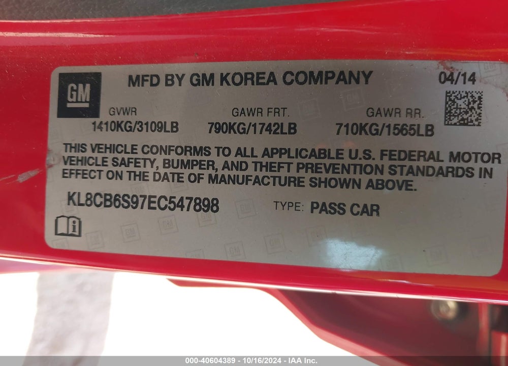 2014 CHEVROLET SPARK LS AUTO VIN: KL8CB6S97EC547898