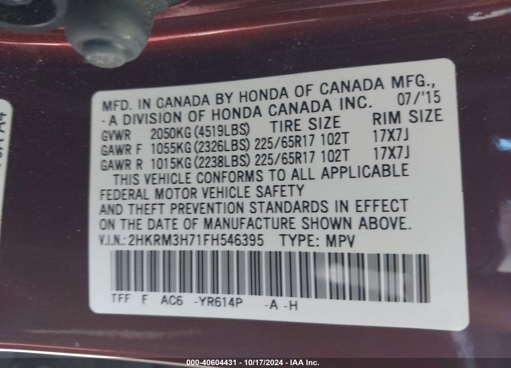 2015 HONDA CR-V EX-L VIN: 2HKRM3H71FH546395