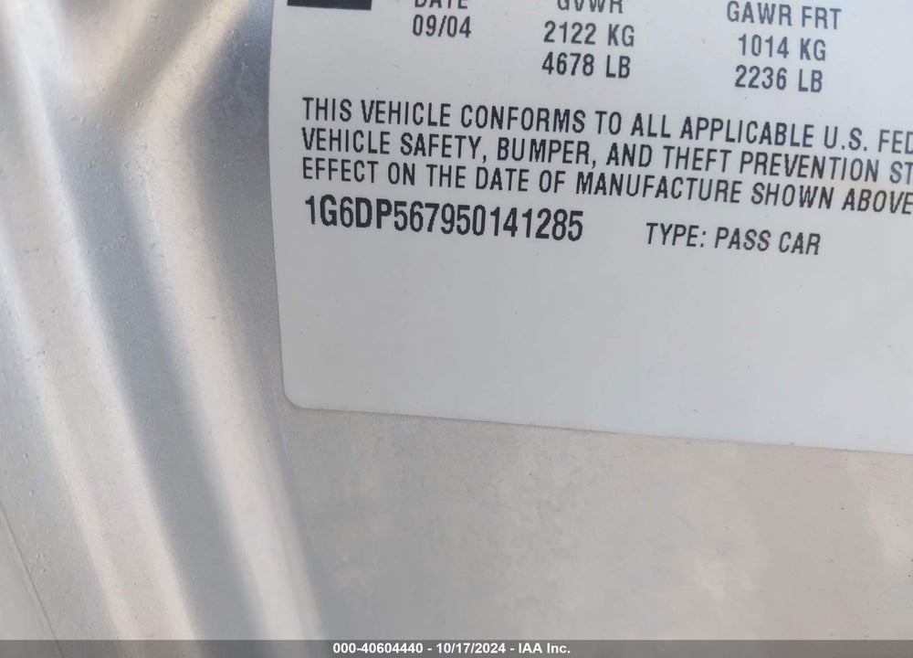 2005 CADILLAC CTS STANDARD VIN: 1G6DP567950141285
