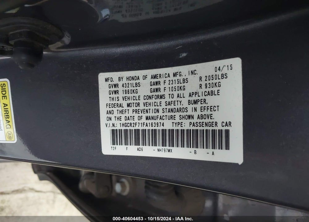 2015 HONDA ACCORD EX VIN: 1HGCR2F71FA163974