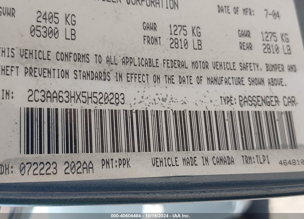 2005 CHRYSLER 300C VIN: 2C3AA63HX5H520283