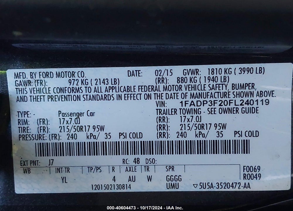 2015 FORD FOCUS SE VIN: 1FADP3F20FL240119