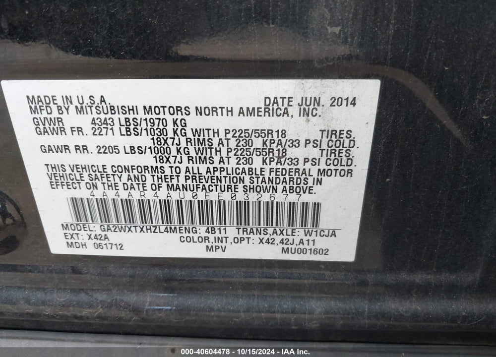 2014 MITSUBISHI OUTLANDER SPORT SE VIN: 4A4AR4AU0EE032677