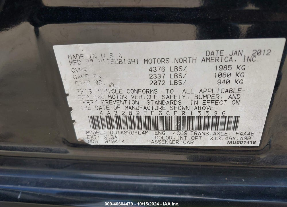 2012 MITSUBISHI GALANT VIN: 4A32B2FF6CE015536