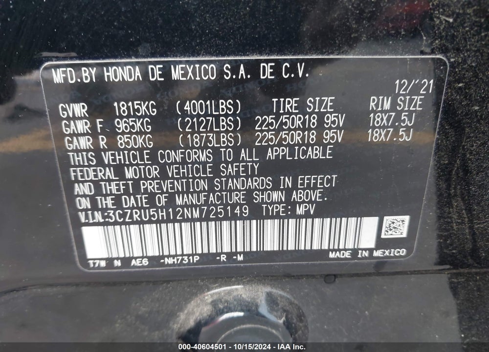2022 HONDA HR-V 2WD SPORT VIN: 3CZRU5H12NM725149