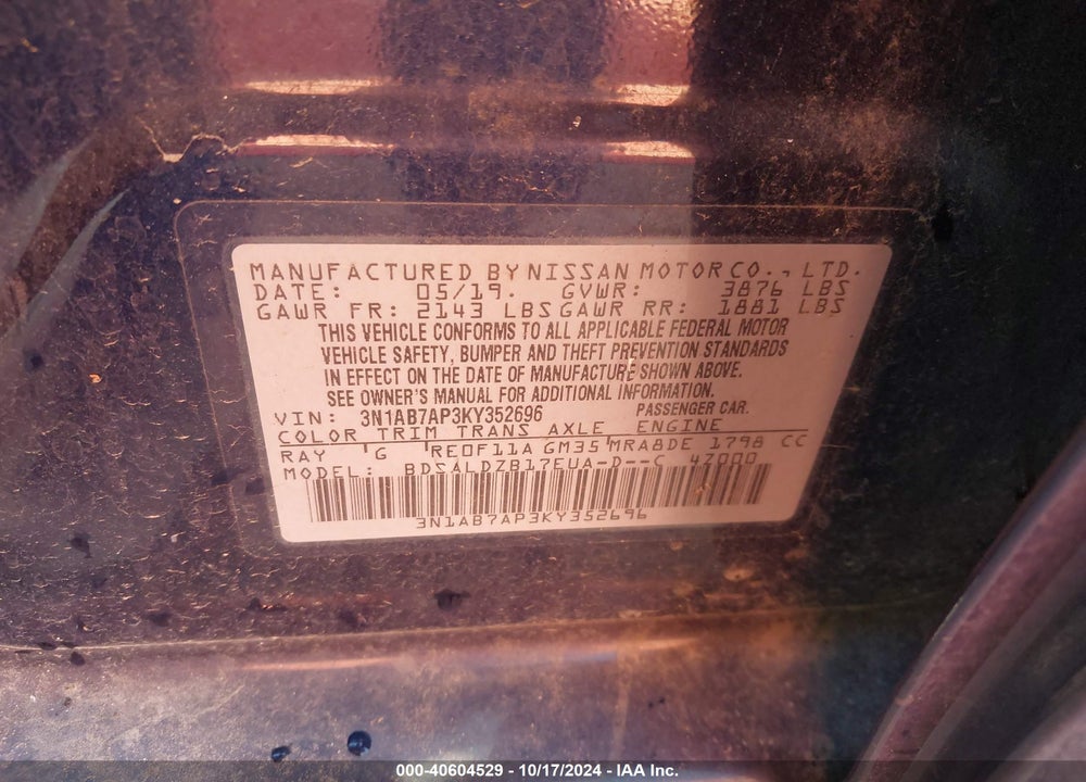 2019 NISSAN SENTRA SV VIN: 3N1AB7AP3KY352696