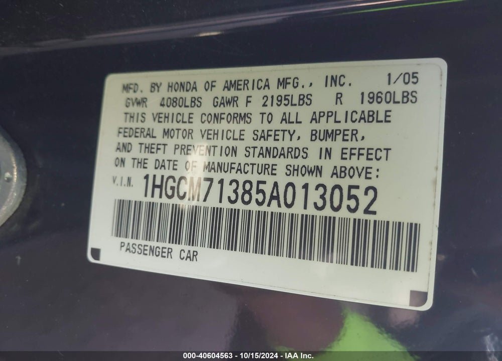 2005 HONDA ACCORD 2.4 LX VIN: 1HGCM71385A013052