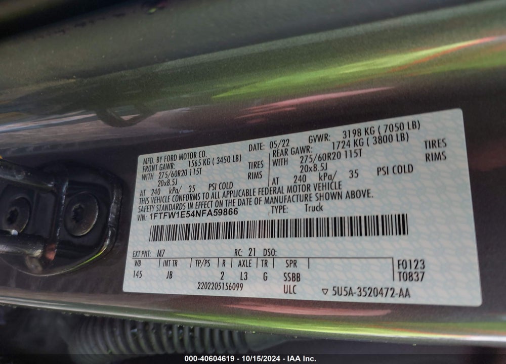 2022 FORD F-150 XL VIN: 1FTFW1E54NFA59866