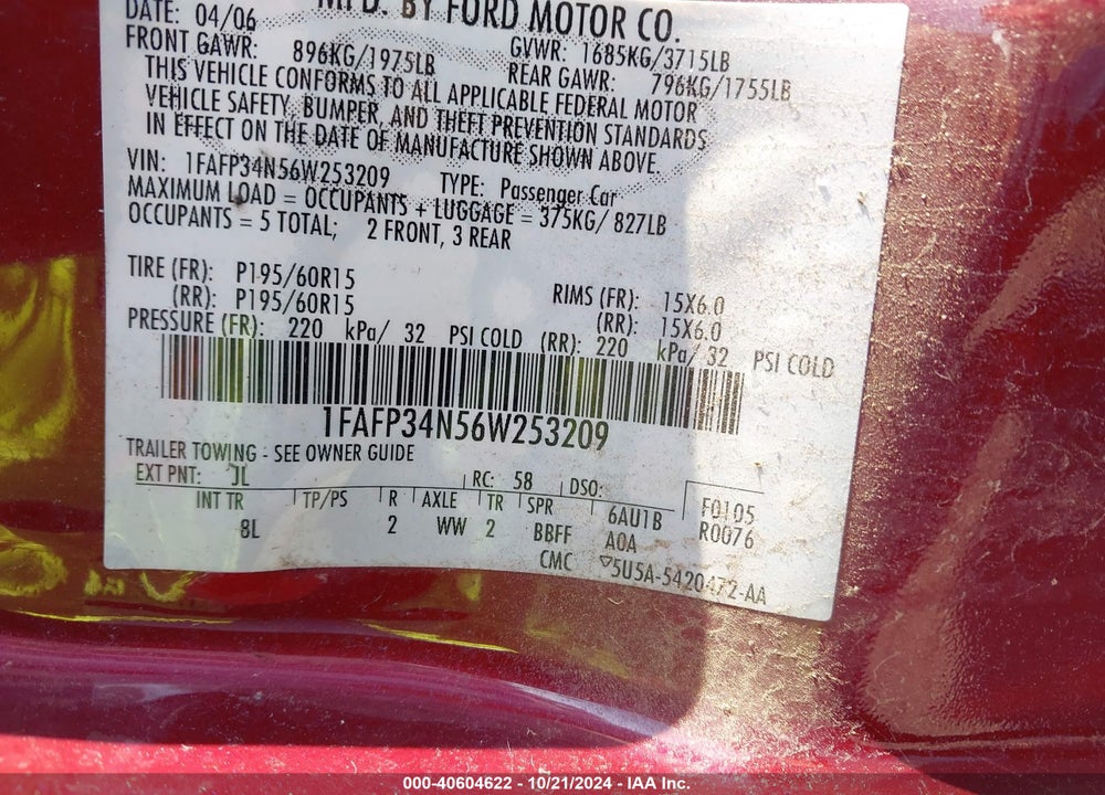 2006 FORD FOCUS ZX4 VIN: 1FAFP34N56W253209