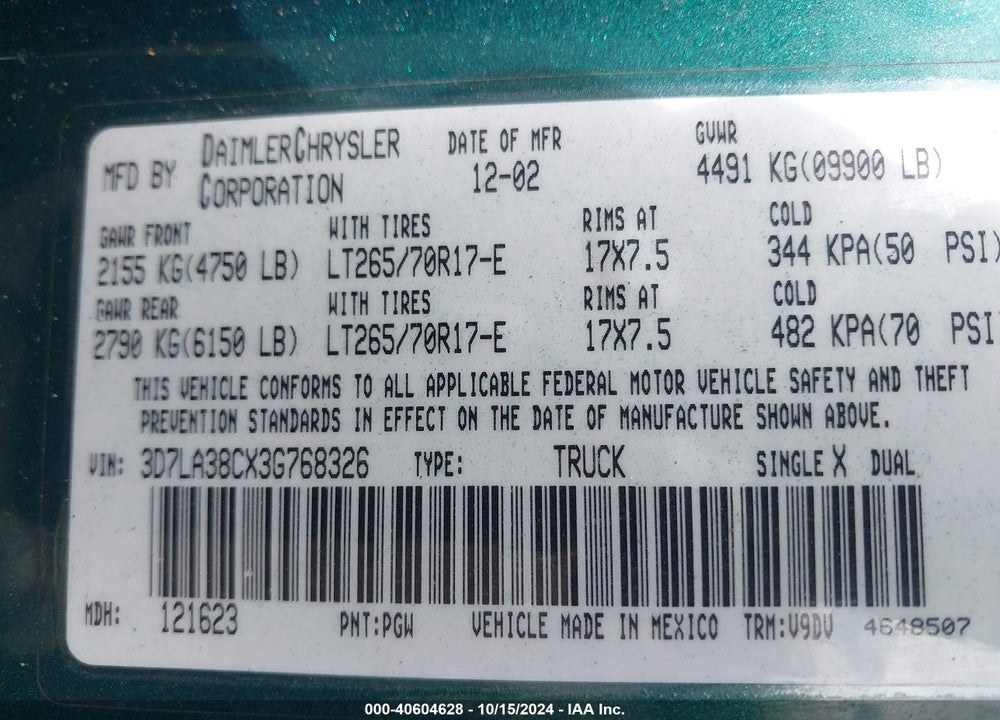 2003 DODGE RAM 3500 SLT/LARAMIE/ST VIN: 3D7LA38CX3G768326