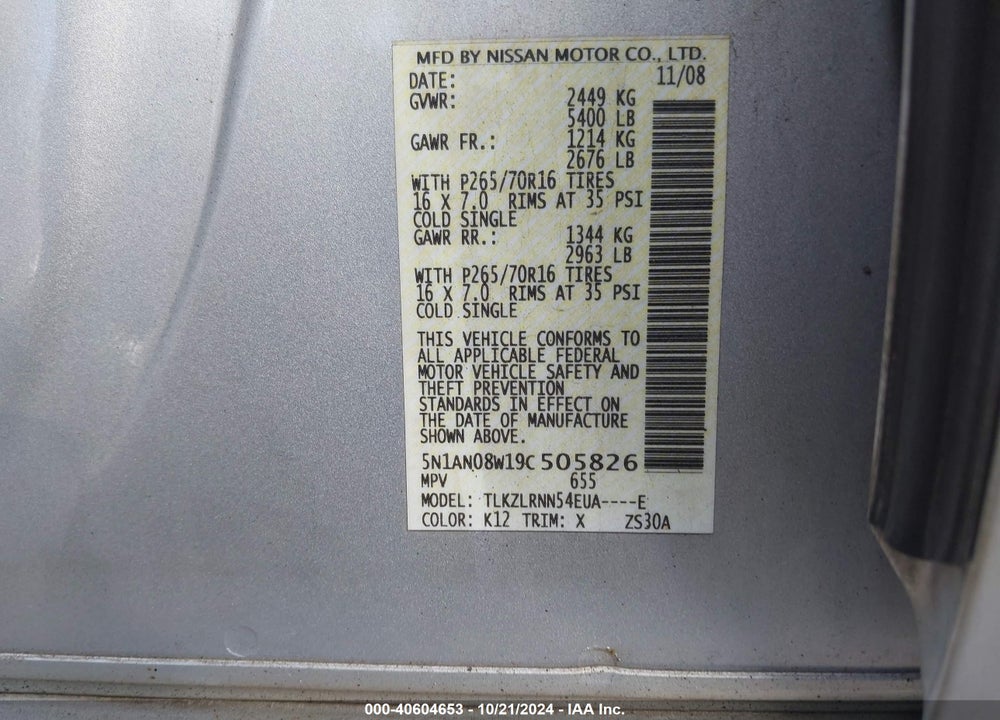 2009 NISSAN XTERRA S VIN: 5N1AN08W19C505826