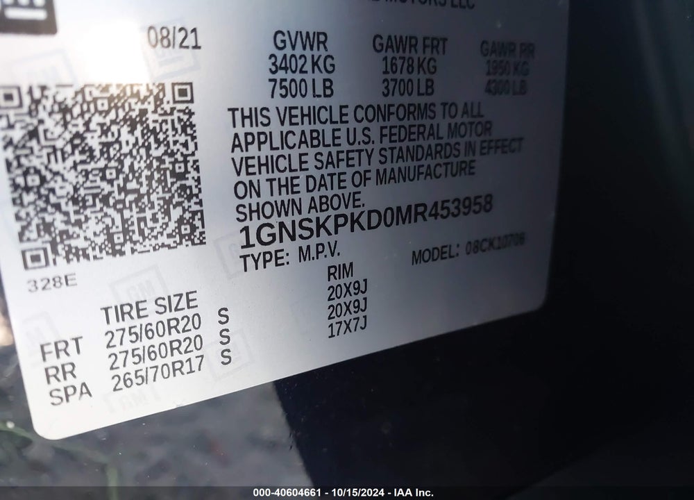 2021 CHEVROLET TAHOE 4WD Z71 VIN: 1GNSKPKD0MR453958