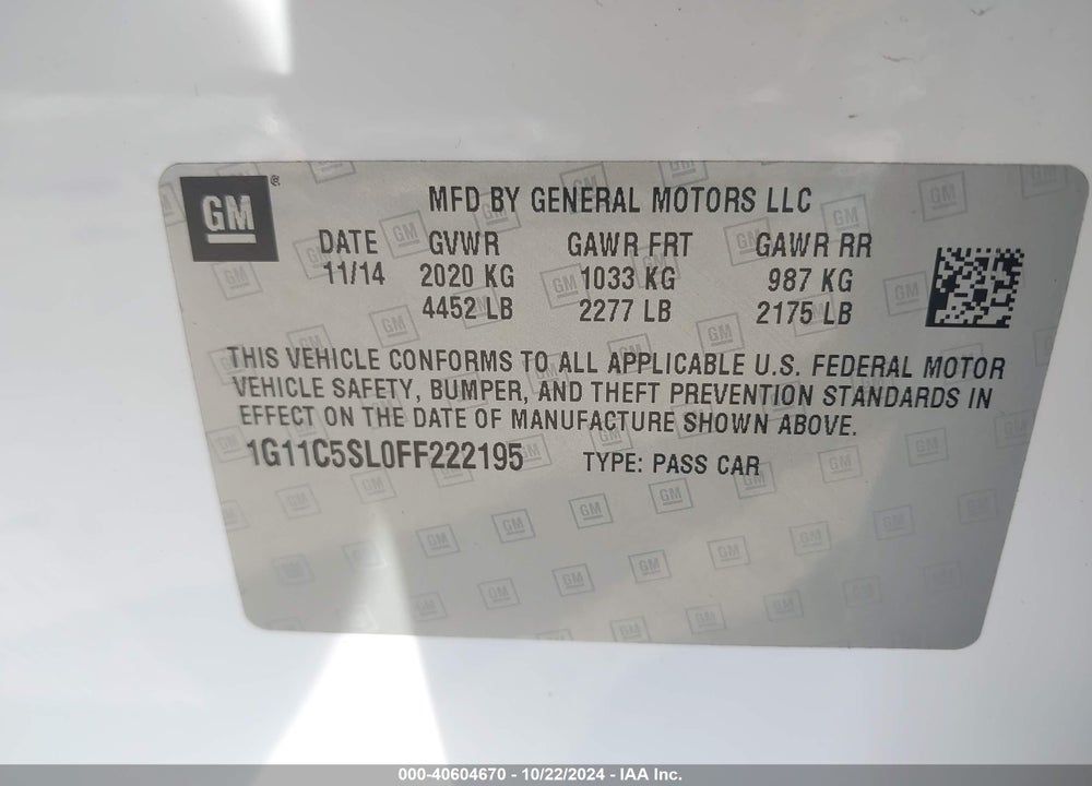 2015 CHEVROLET MALIBU 1LT VIN: 1G11C5SL0FF222195