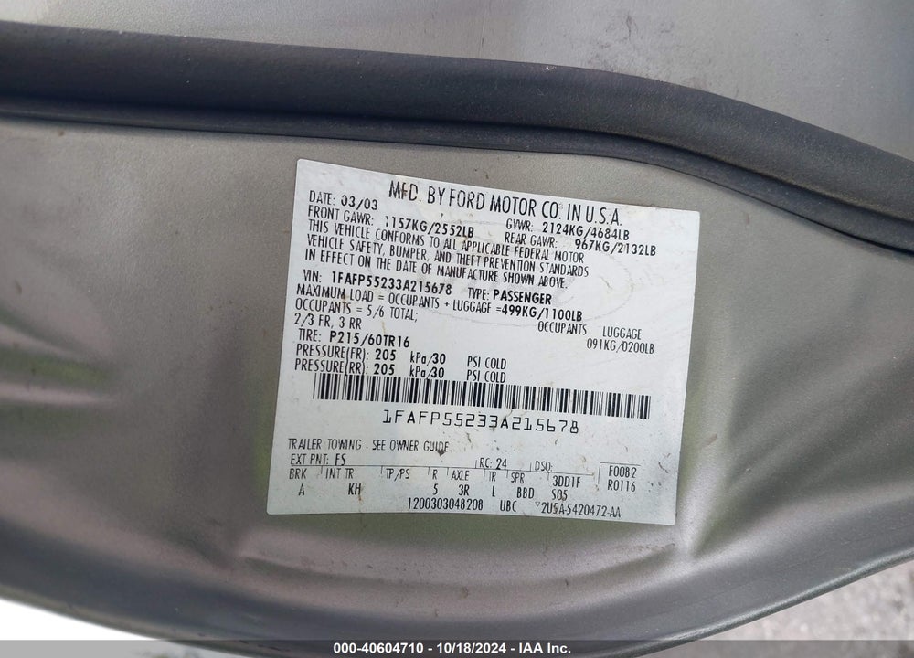 2003 FORD TAURUS SES VIN: 1FAFP55233A215678