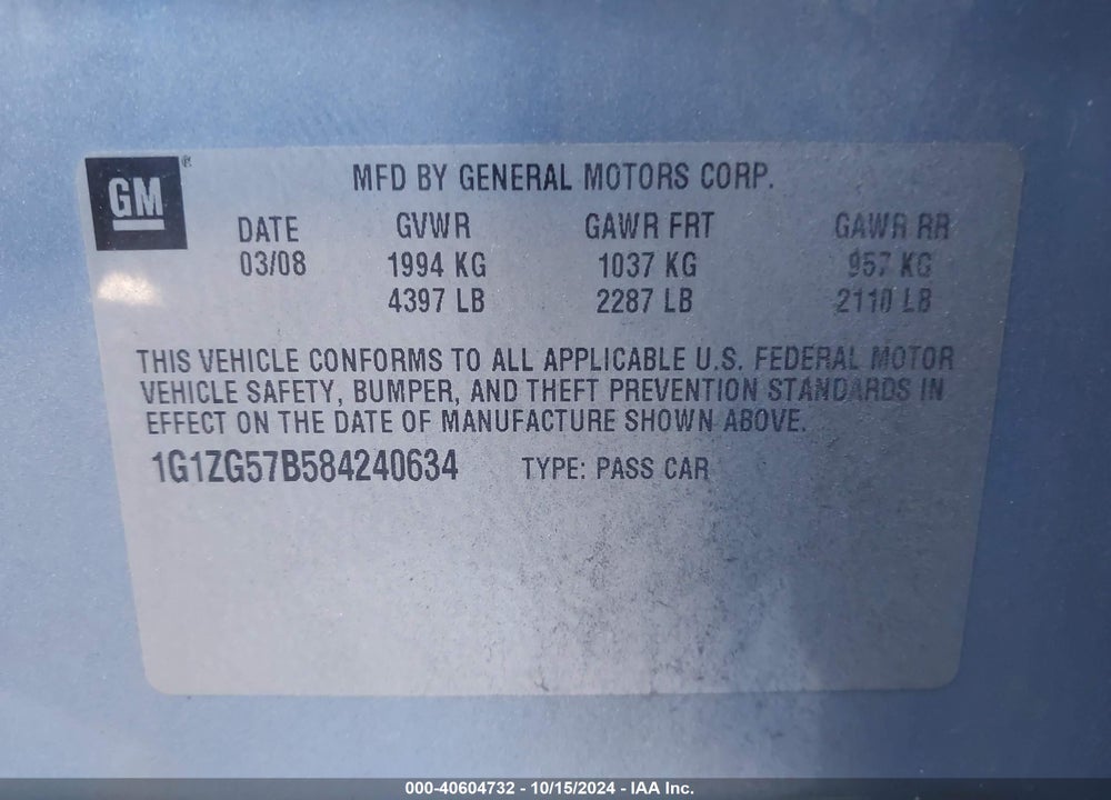 2008 CHEVROLET MALIBU LS VIN: 1G1ZG57B584240634