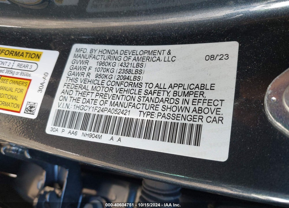 2023 HONDA ACCORD LX VIN: 1HGCY1F24PA052421