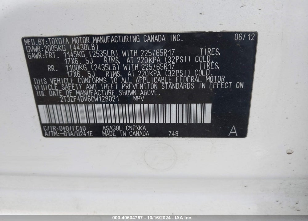 2012 TOYOTA RAV4 VIN: 2T3ZF4DV6CW128021