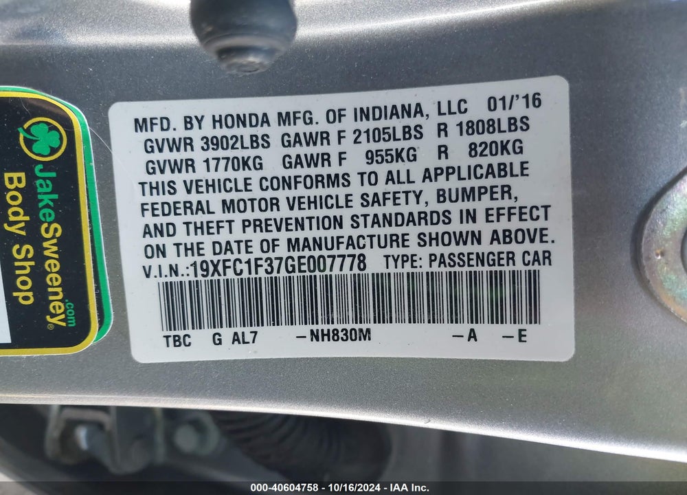 2016 HONDA CIVIC EX-T VIN: 19XFC1F37GE007778