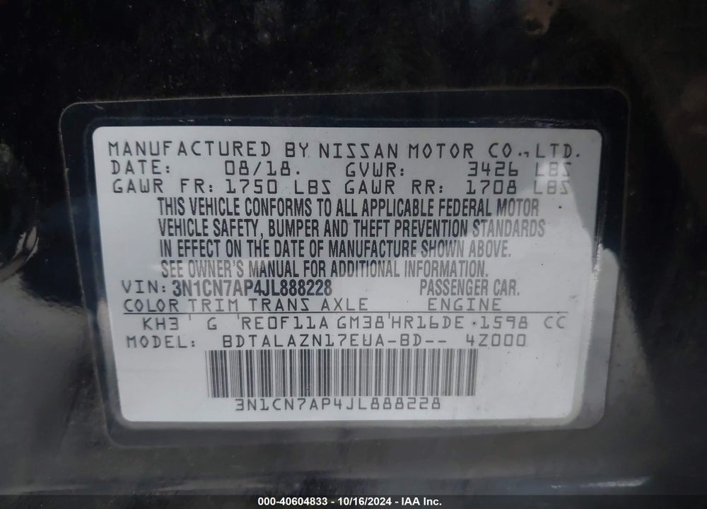 2018 NISSAN VERSA 1.6 S+ VIN: 3N1CN7AP4JL888228