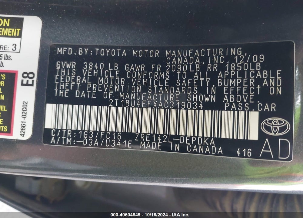 2010 TOYOTA COROLLA LE VIN: 2T1BU4EEXAC319034