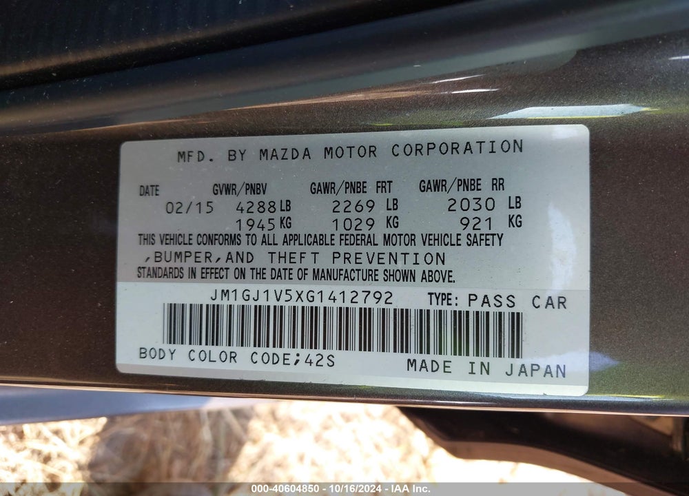 2016 MAZDA 6 I TOURING VIN: JM1GJ1V5XG1412792