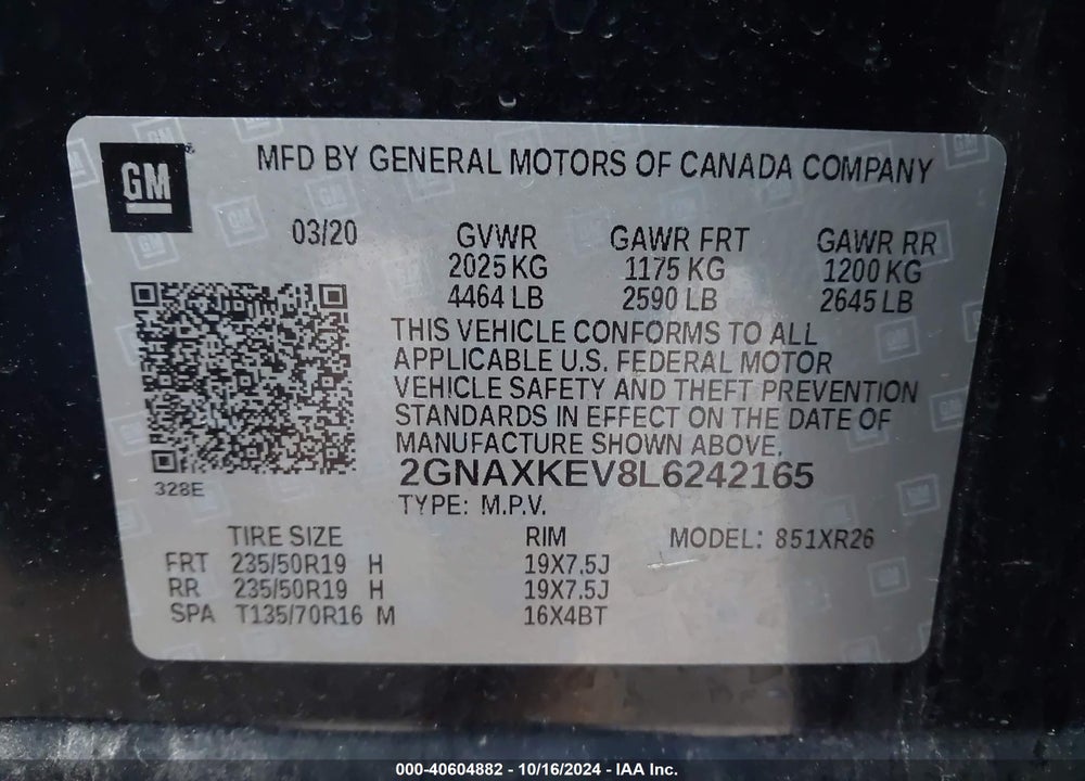 2020 CHEVROLET EQUINOX FWD LT 1.5L TURBO VIN: 2GNAXKEV8L6242165
