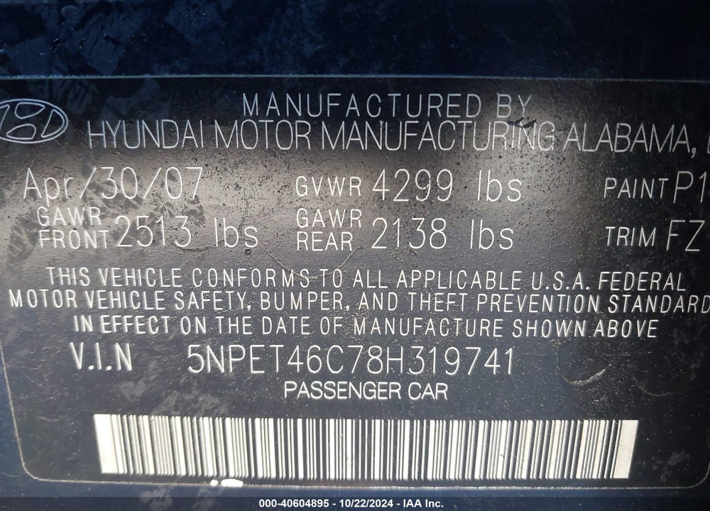2008 HYUNDAI SONATA GLS VIN: 5NPET46C78H319741