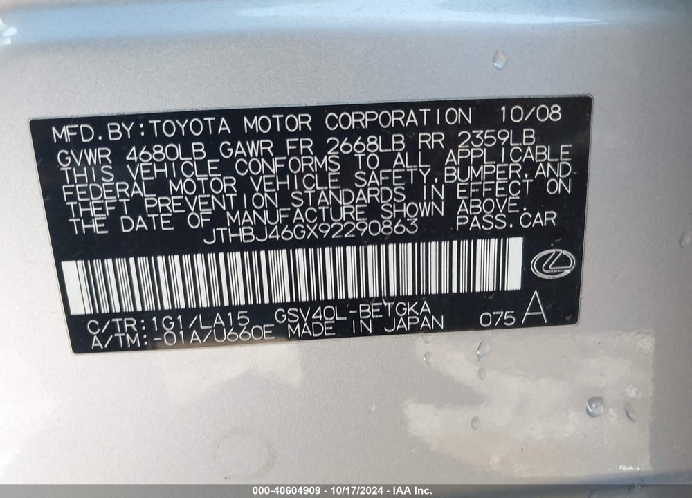 2009 LEXUS ES 350 VIN: JTHBJ46GX92290863