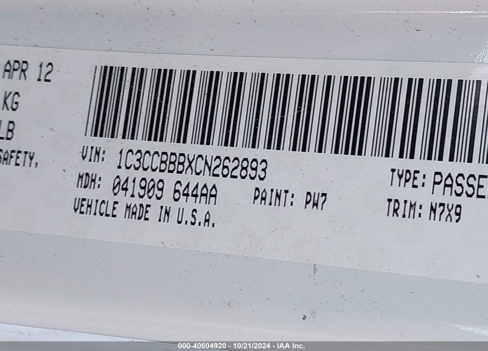 2012 CHRYSLER 200 TOURING VIN: 1C3CCBBBXCN262893