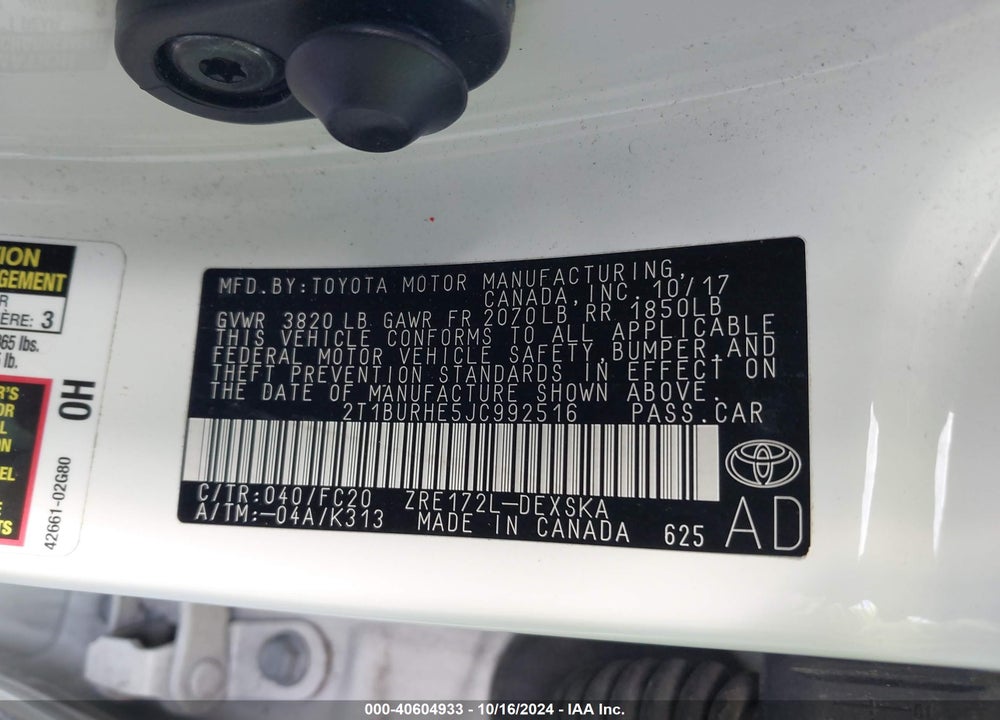 2018 TOYOTA COROLLA SE VIN: 2T1BURHE5JC992516