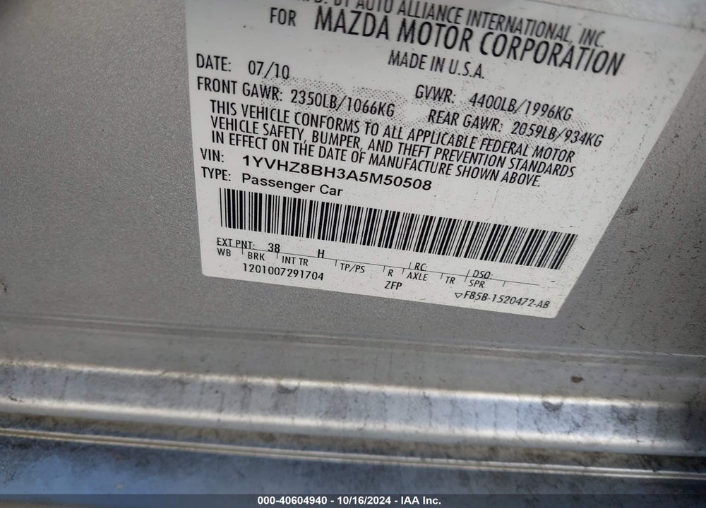 2010 MAZDA 6 I SPORT VIN: 1YVHZ8BH3A5M50508
